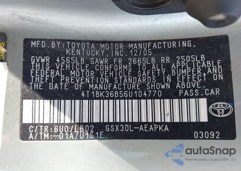 2006 Toyota Avalon Limited z USA, uszkodzony, nr VIN 4T1BK36B56U104770